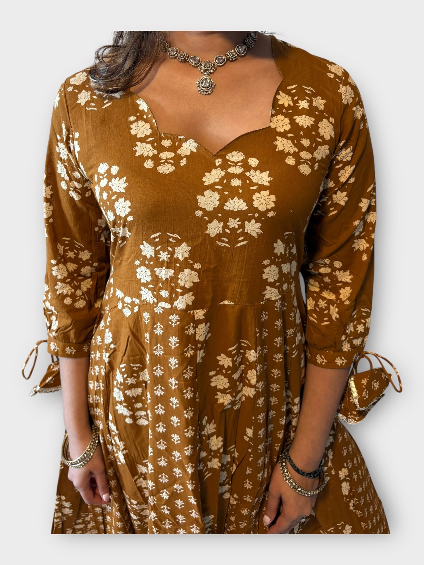 Gold Brown Anarkali Cotton Suit