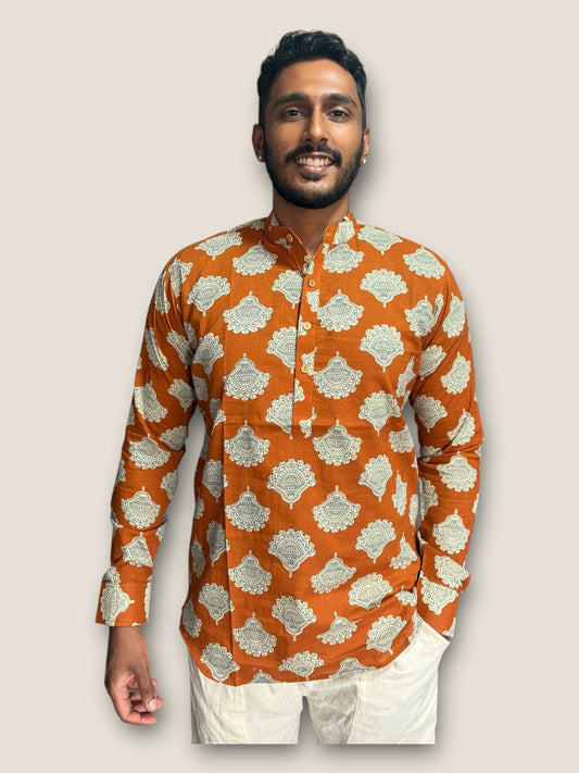 Burnt Orange x White Printed Cotton Kurta