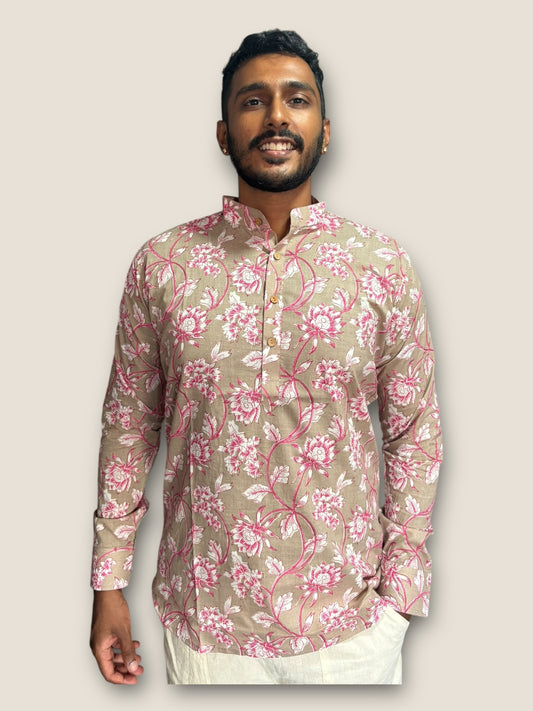 Desert Brown x Pink Floral Printed Cotton Kurta