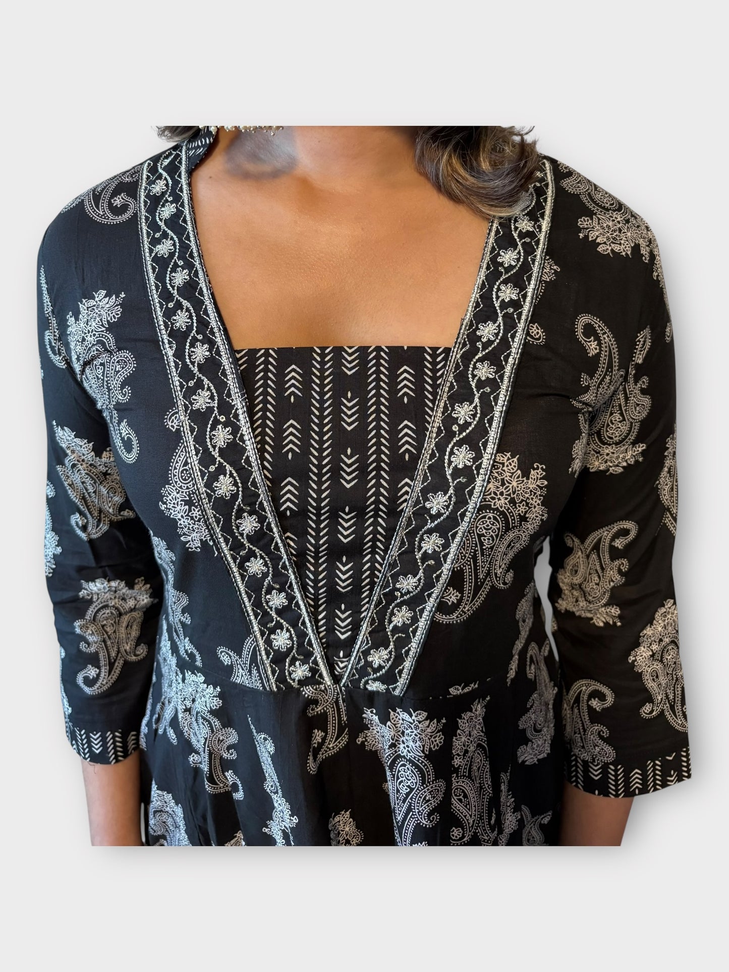 Black Paisley Embroidered Cotton Suit