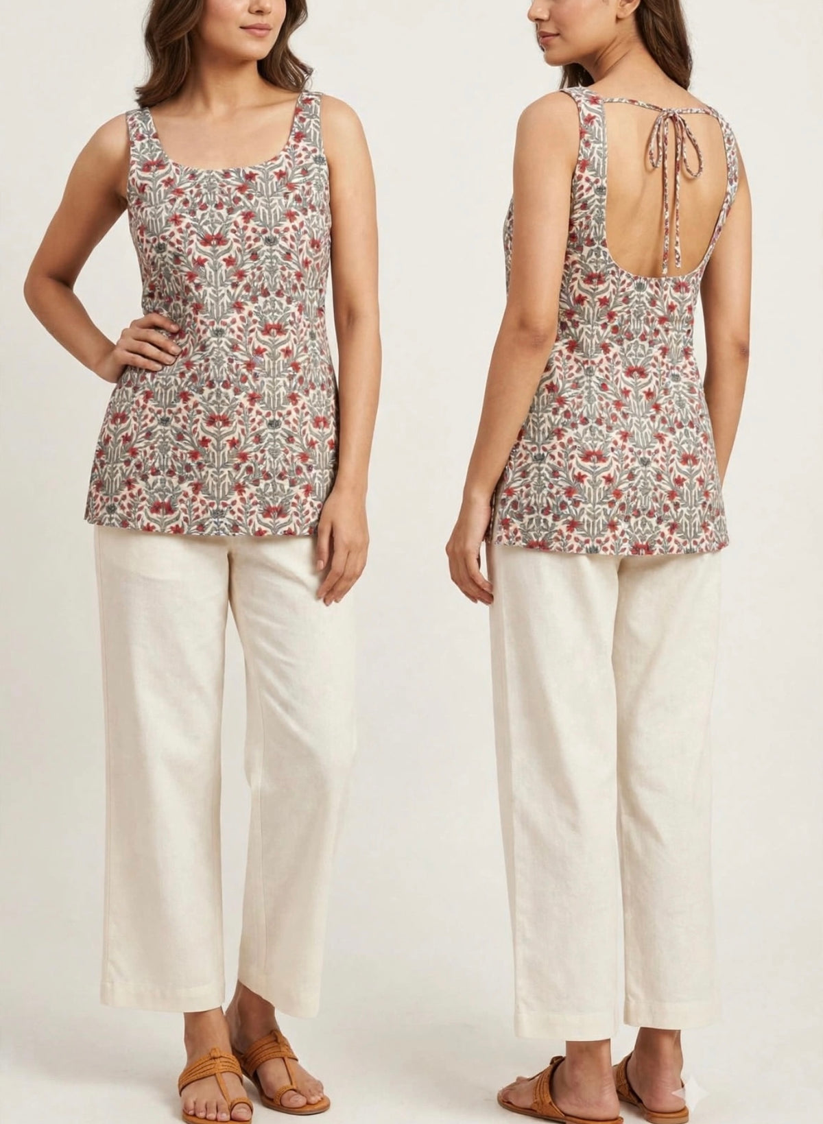 Grey x Red Florals on White Cotton Kurti