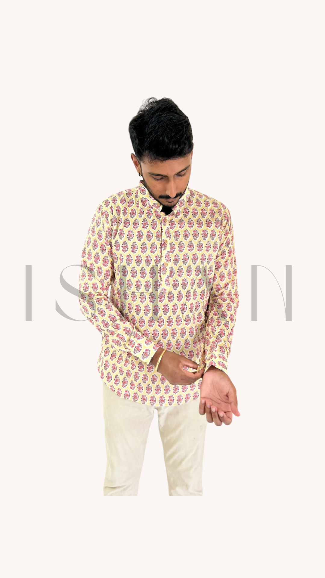 Cream Yellow with Pink Floral Motifs Cotton Kurta