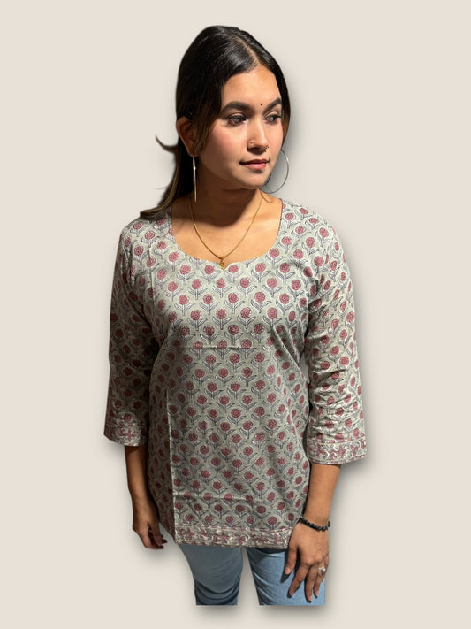 Grey w Purple Floral Cotton Short Top