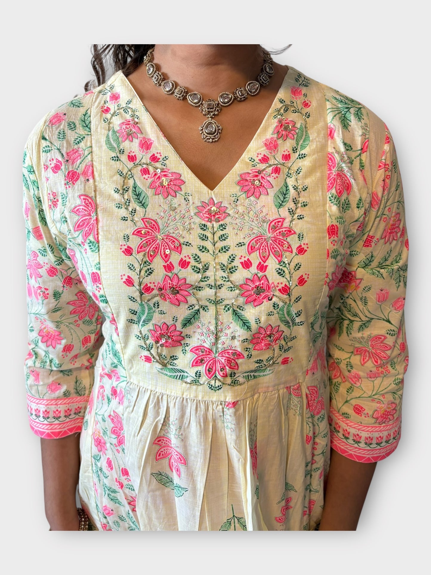 Light Pista Green x Pink Embroidered Cotton Suit