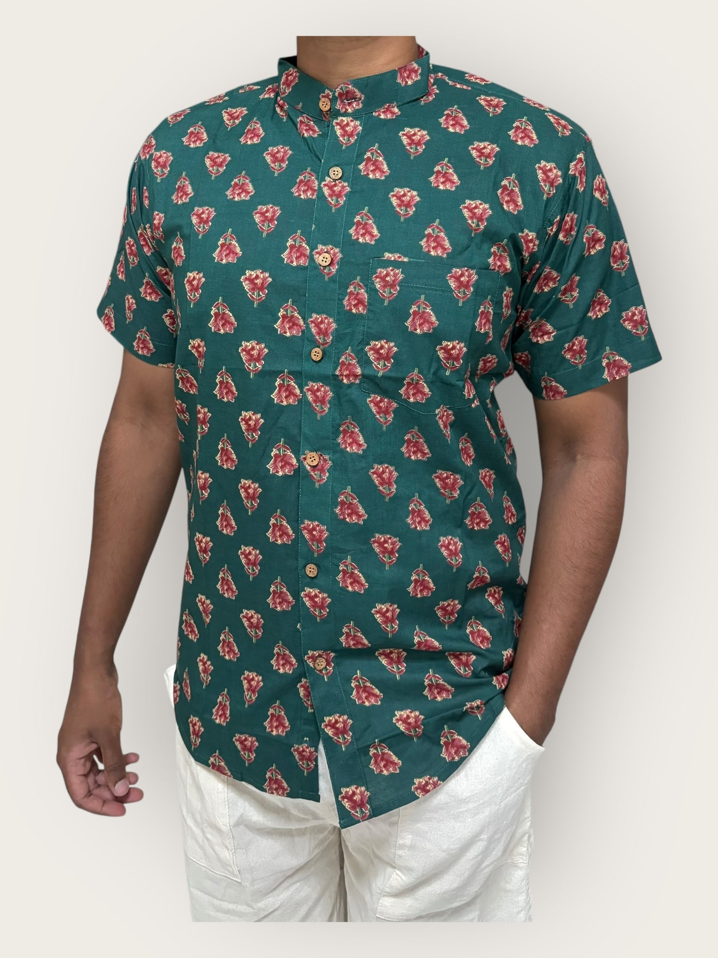 Green Cotton Mandarin Collar Shirt
