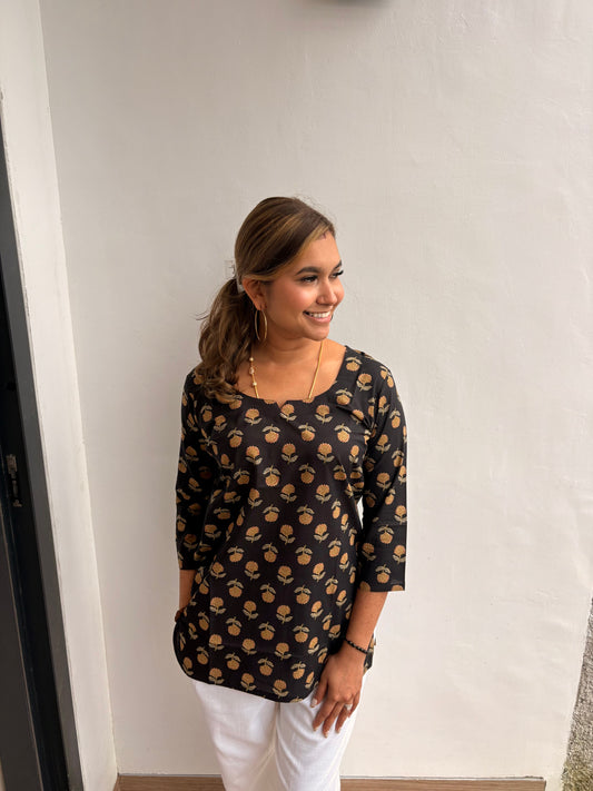 Black Floral Short Cotton Short Kurti Top