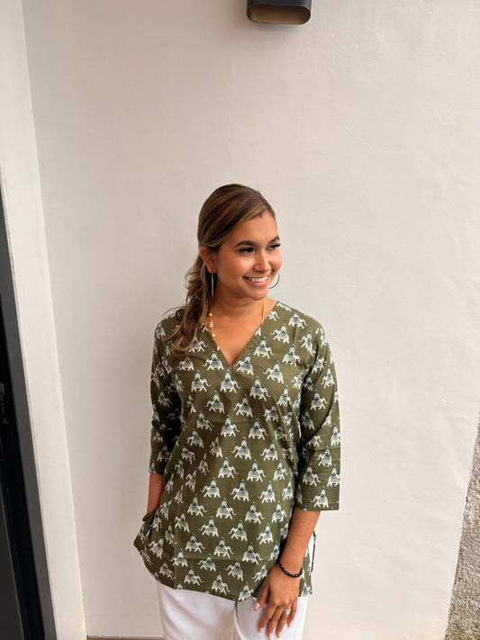 Olive Green Elephant Cotton Short Kurti Top