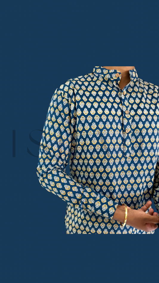 Navy Blue Printed Motifs Cotton Kurta