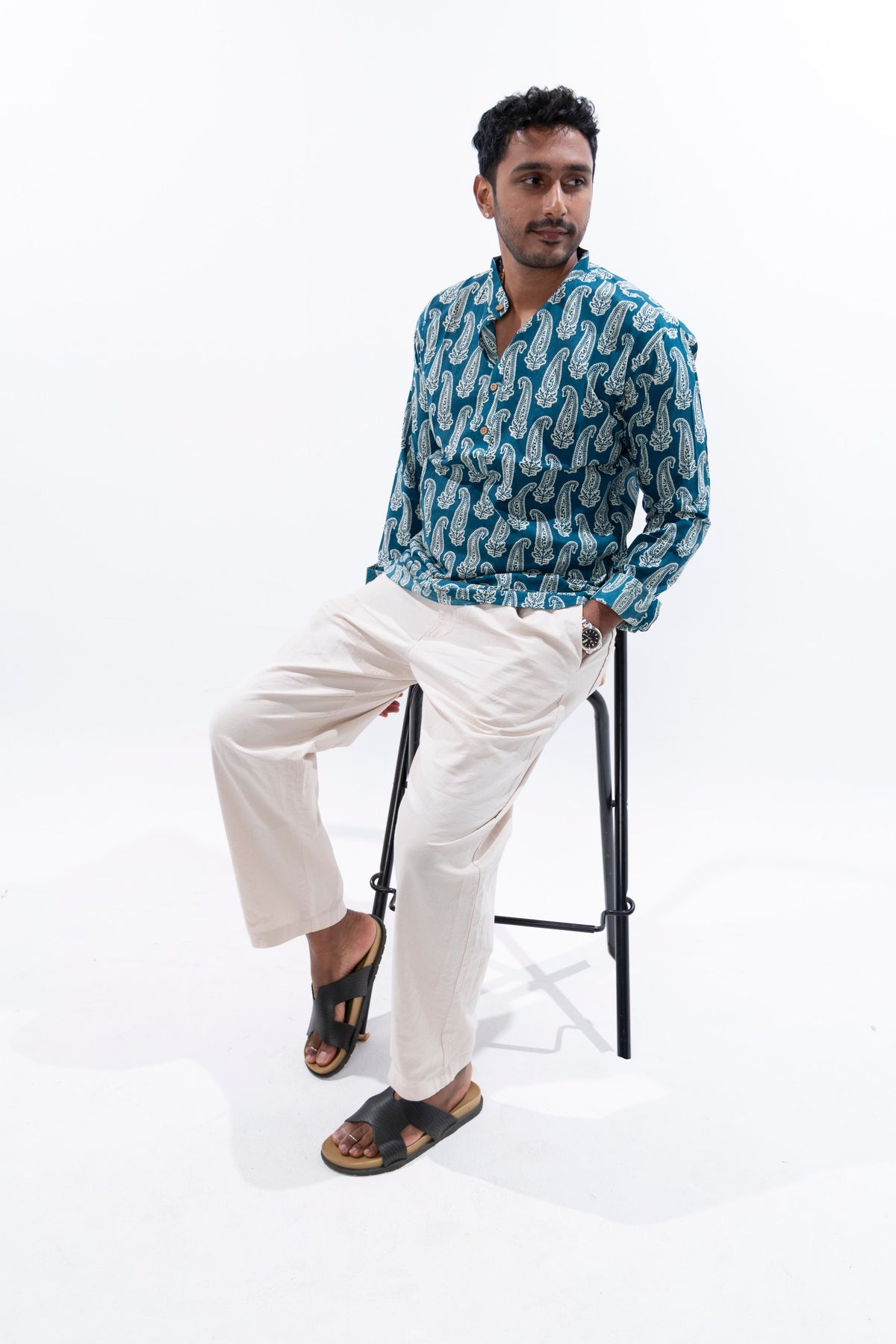 Deep Teal x Paisley Cotton Short Kurta