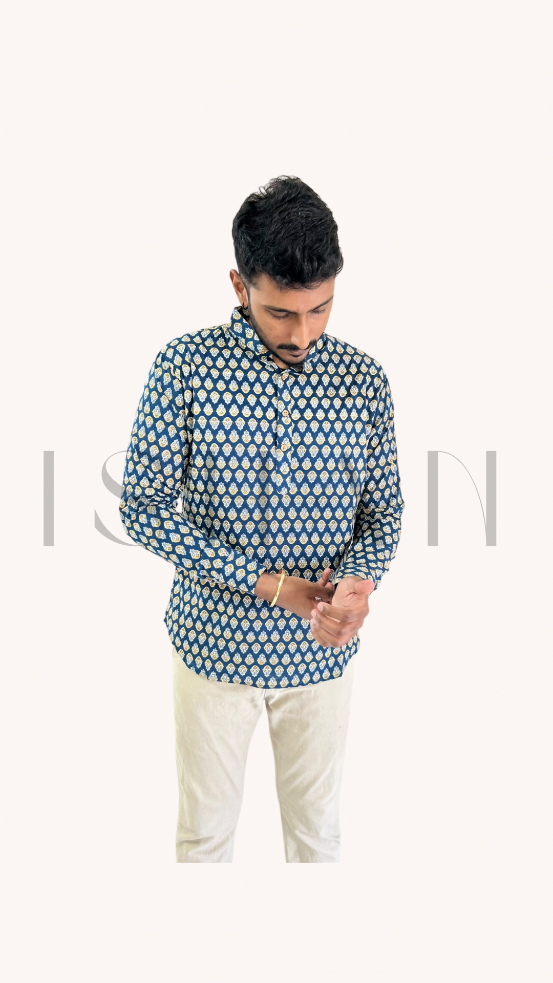 Navy Blue Printed Motifs Cotton Kurta