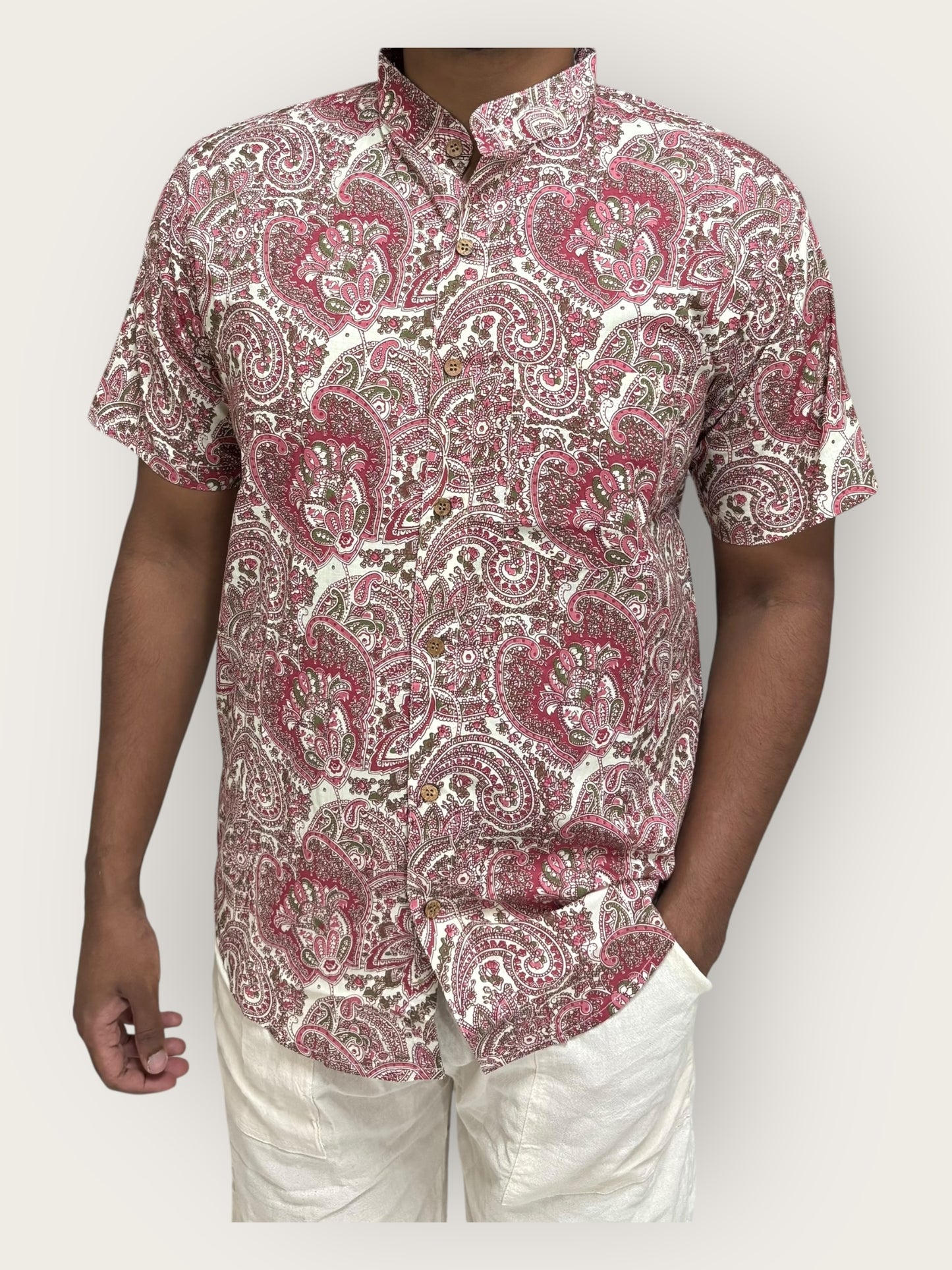 White & Pink Cotton Mandarin Collar Shirt