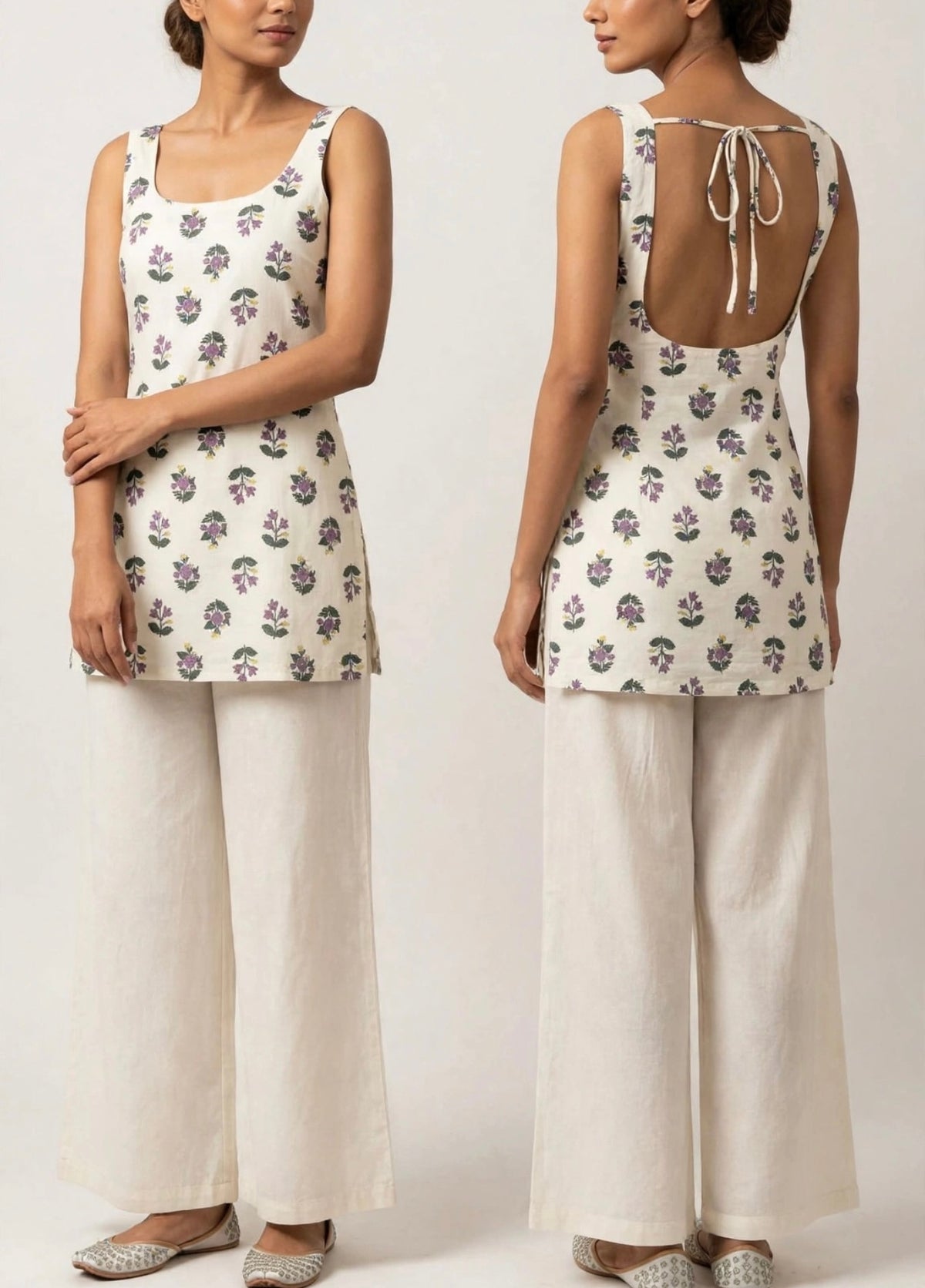 White x Purple Floral Cotton Kurti