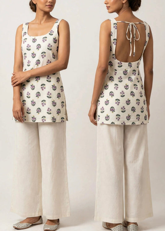 Off-White x Purple Floral Cotton Kurti