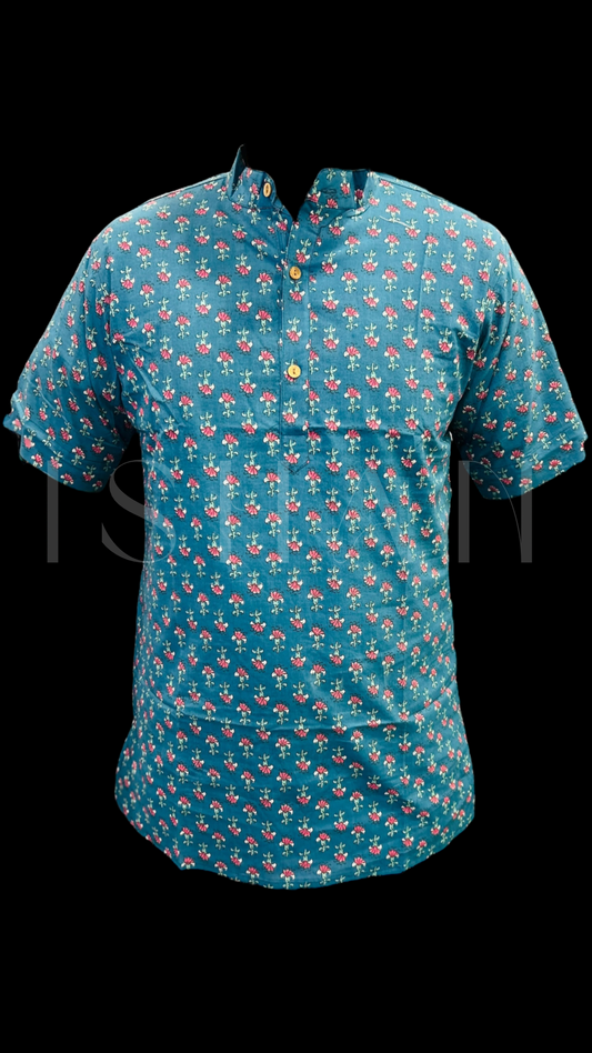 Blue Small Floral Motif Printed Cotton Kurta