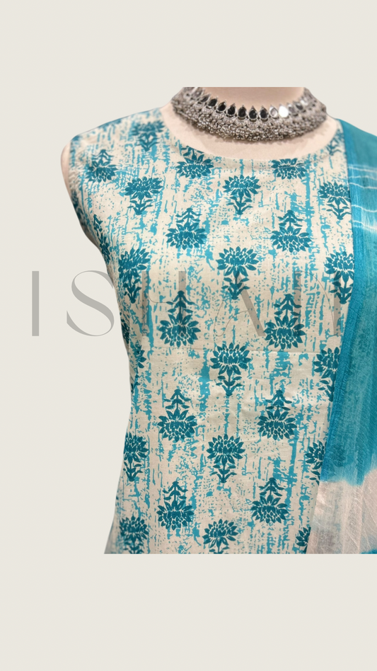 Sleeveless White & Blue Floral Printed Cotton Full Suit