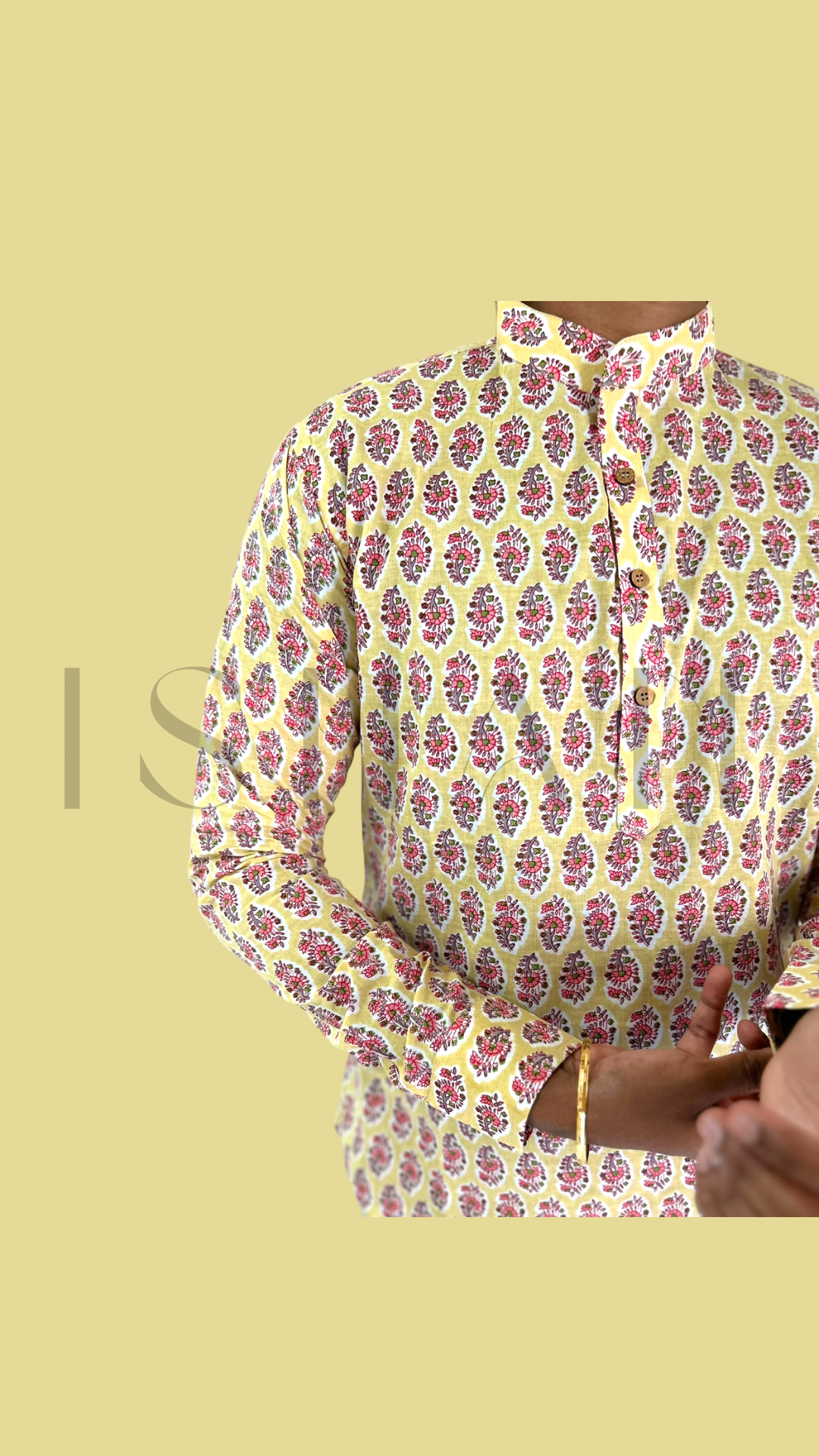 Cream Yellow with Pink Floral Motifs Cotton Kurta