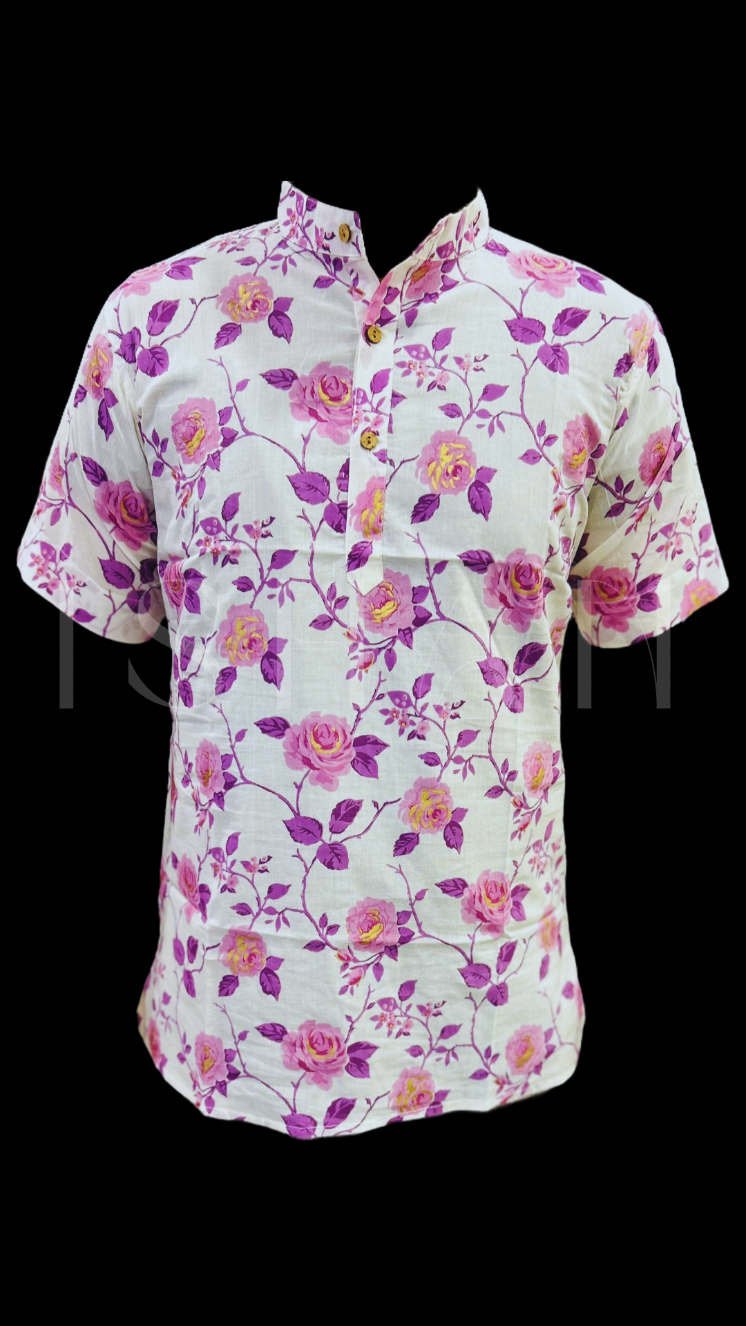 White Purple Rose Printed Cotton Kurta