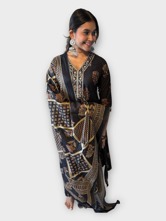 Black Floral Embroidered Cotton Suit
