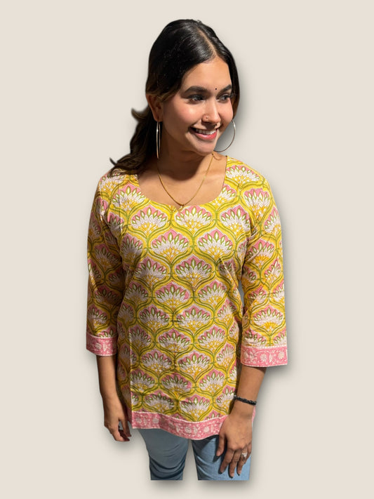 Yellow Floral Cotton Short Top