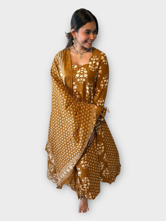 Gold Brown Anarkali Cotton Suit