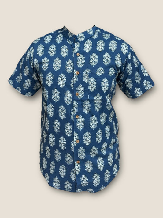 Blue Floral Cotton Mandarin Collar Shirt