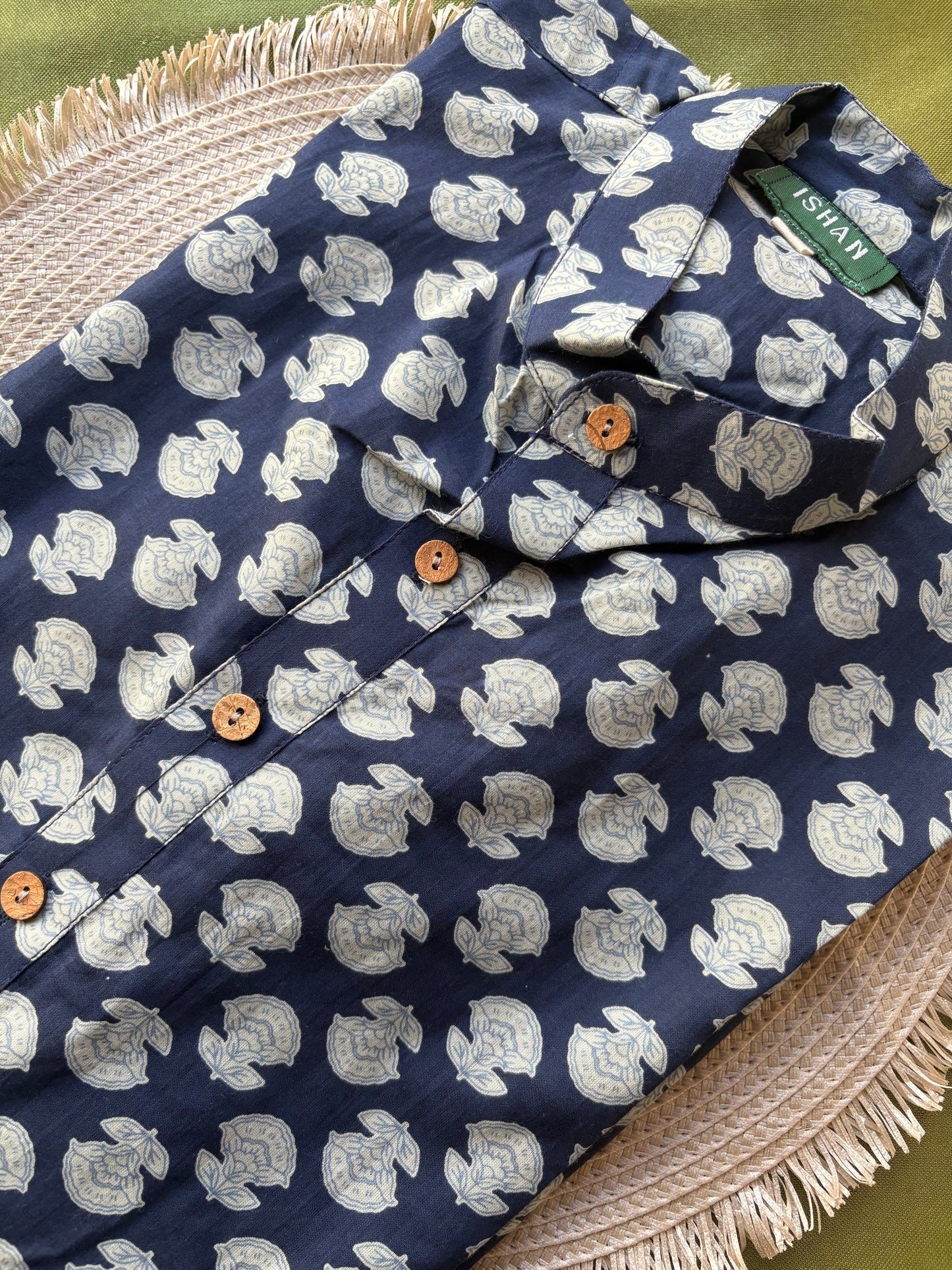 Navy Blue x White Printed Cotton Kurta
