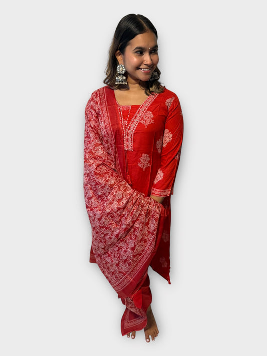 Chilli Red Embroidered Rayon Suit