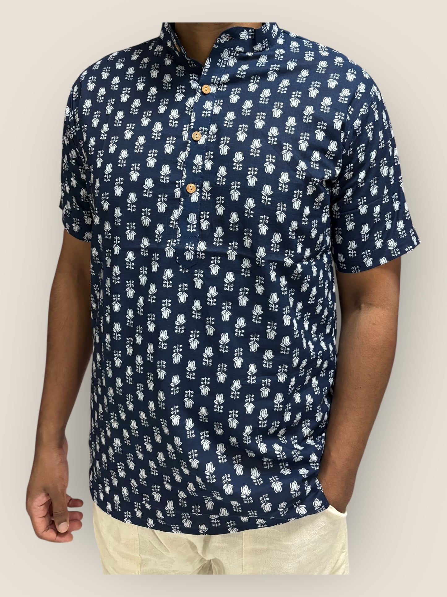 Navy Blue Floral Cotton Kurta