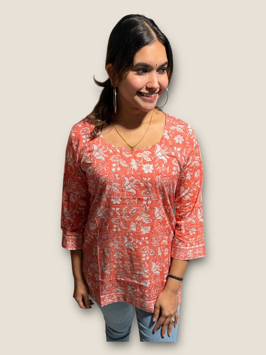 Peach Pink Floral Cotton Short Top