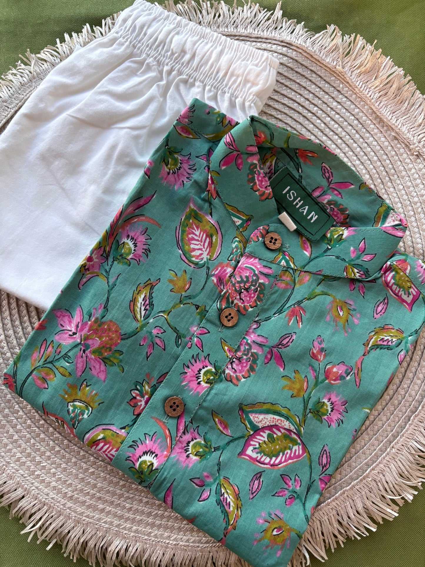 Turquoise Floral short-sleeved Cotton Kurta Pant Set