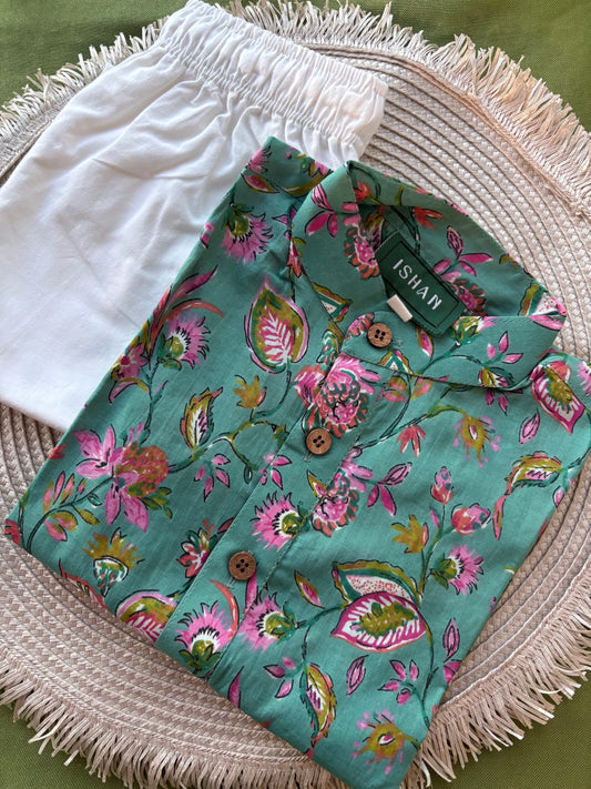 Turquoise Floral short-sleeved Cotton Kurta Pant Set