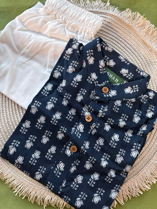 Navy Blue Floral short-sleeved Cotton Kurta Pant Set