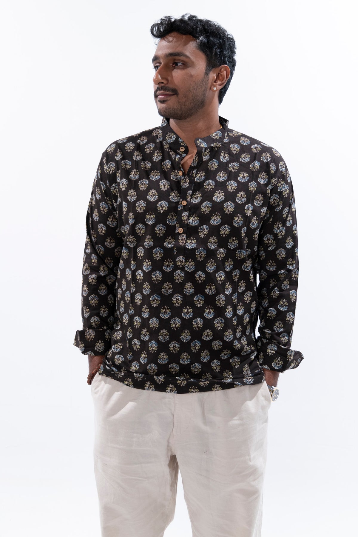 Black x Floral Cotton Short Kurta