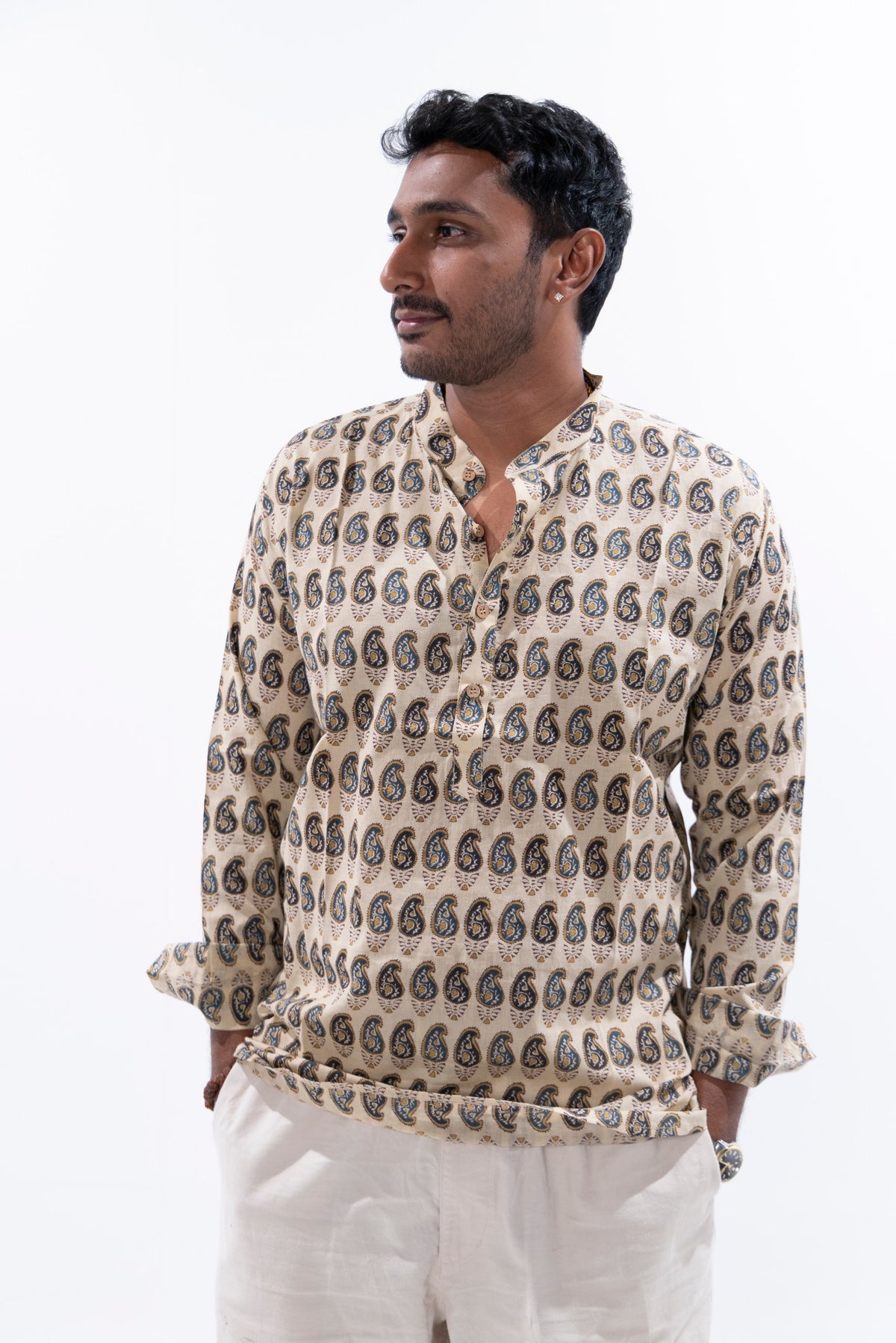 Cream x Multi-Colour Paisley Cotton Short Kurta