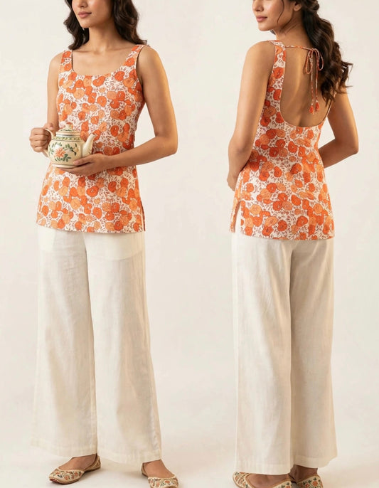 Mandrain Orange Florals on White Cotton Kurti