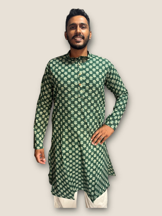 Green Floral Cotton Long Kurta