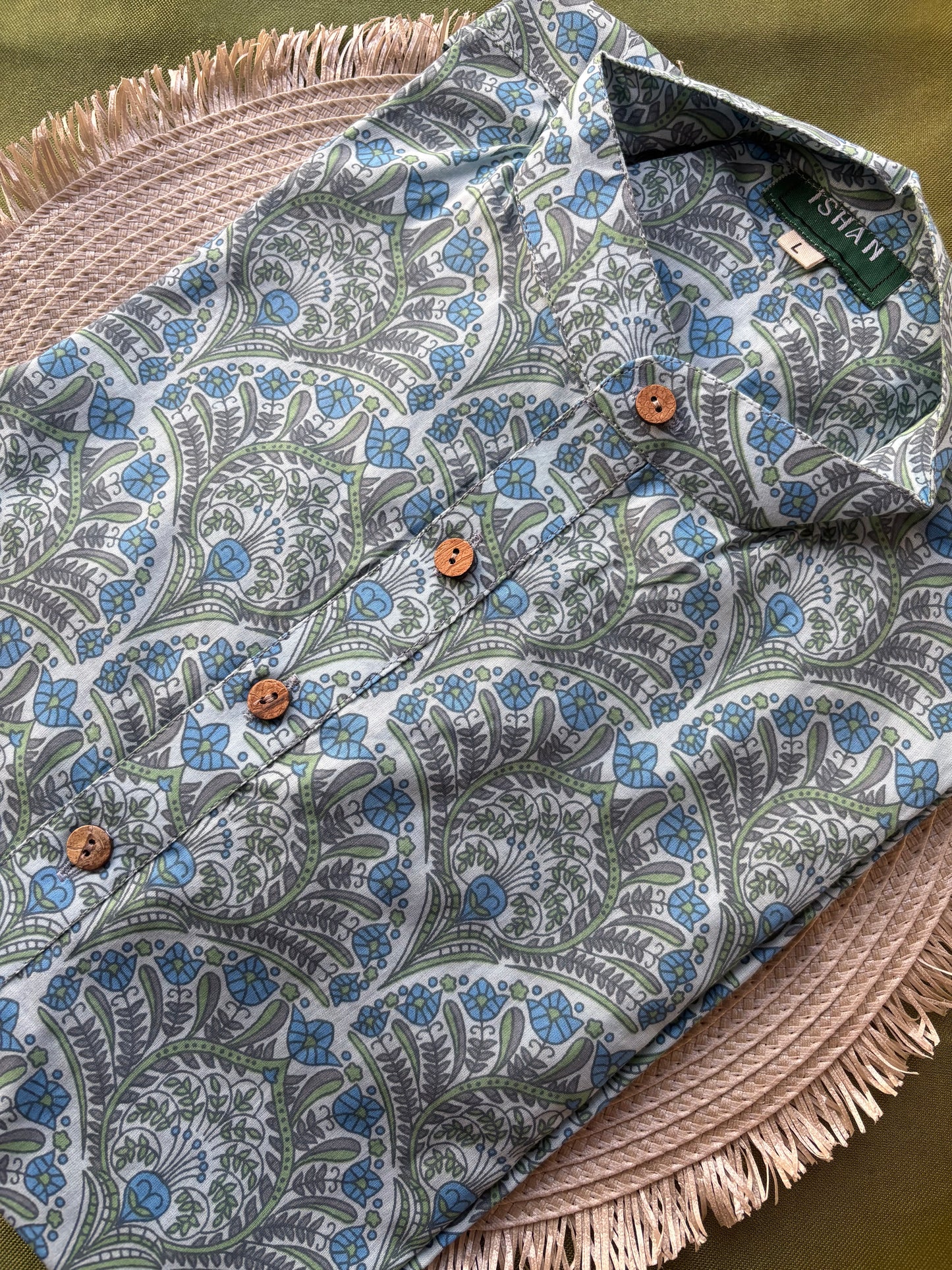 Grey x Light Blue Printed Cotton Kurta
