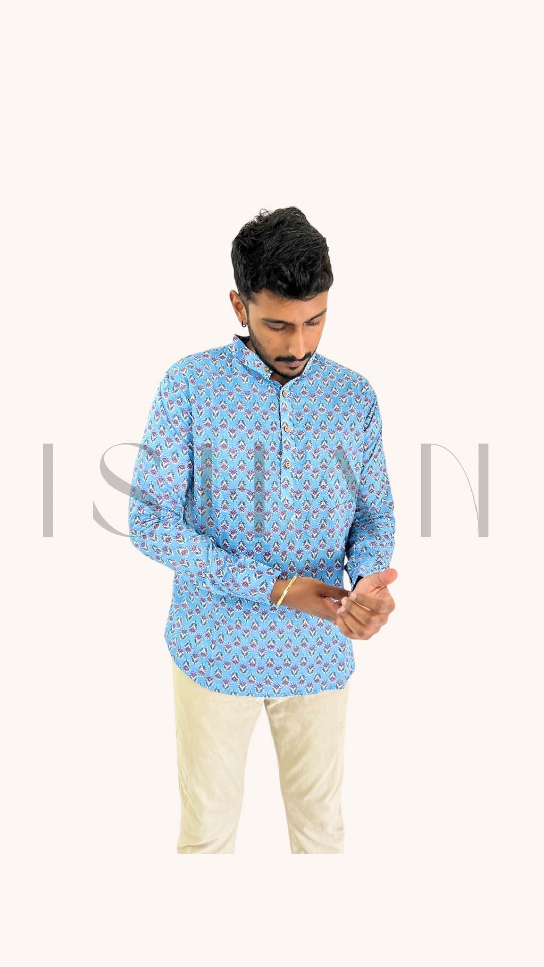 Light Blue with Floral Motifs Cotton Kurta