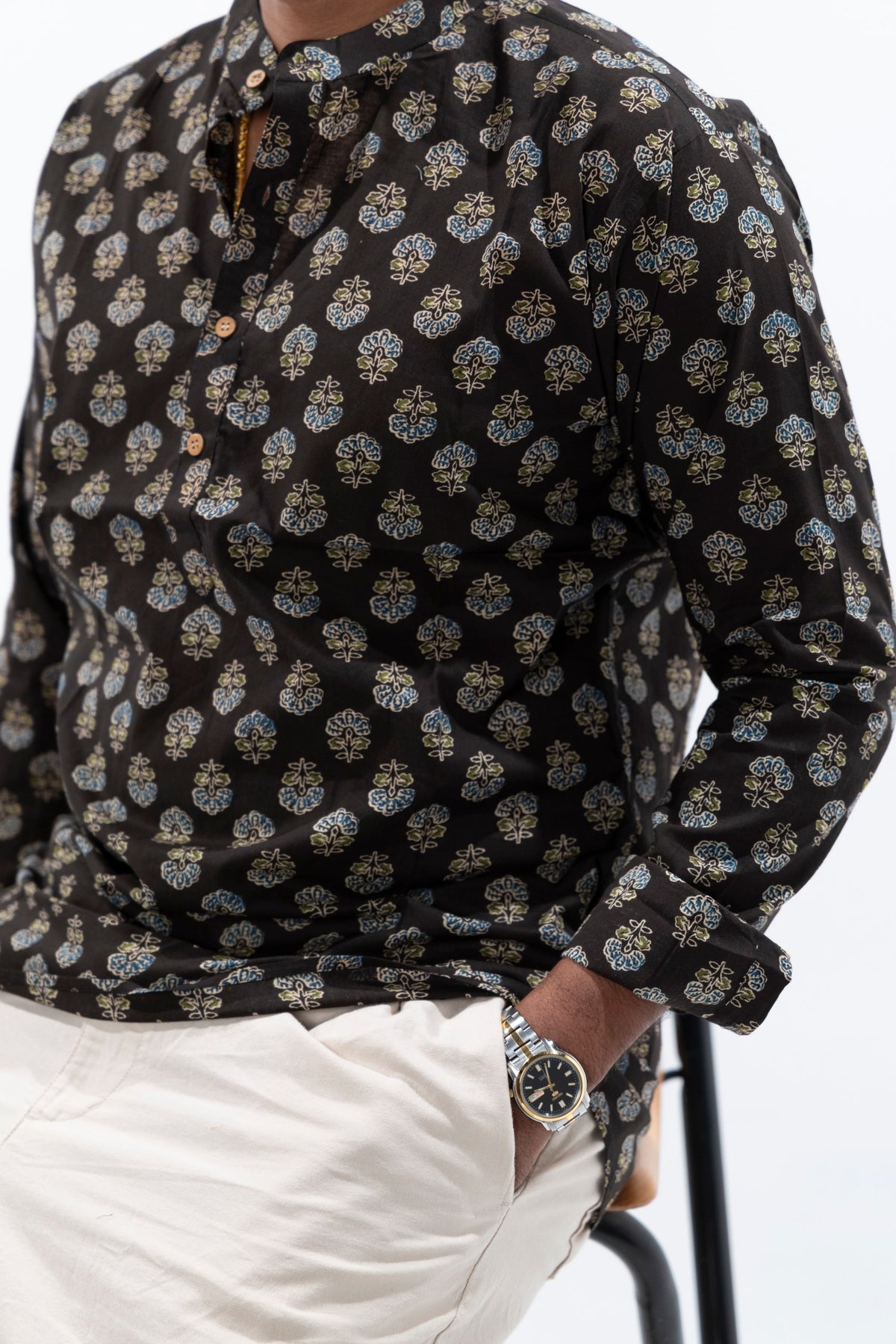 Black x Floral Cotton Short Kurta