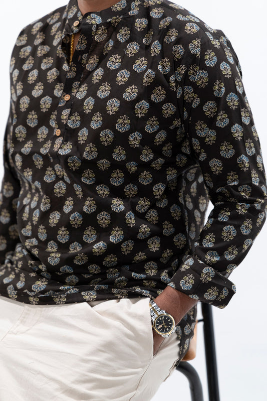Black x Floral Cotton Short Kurta