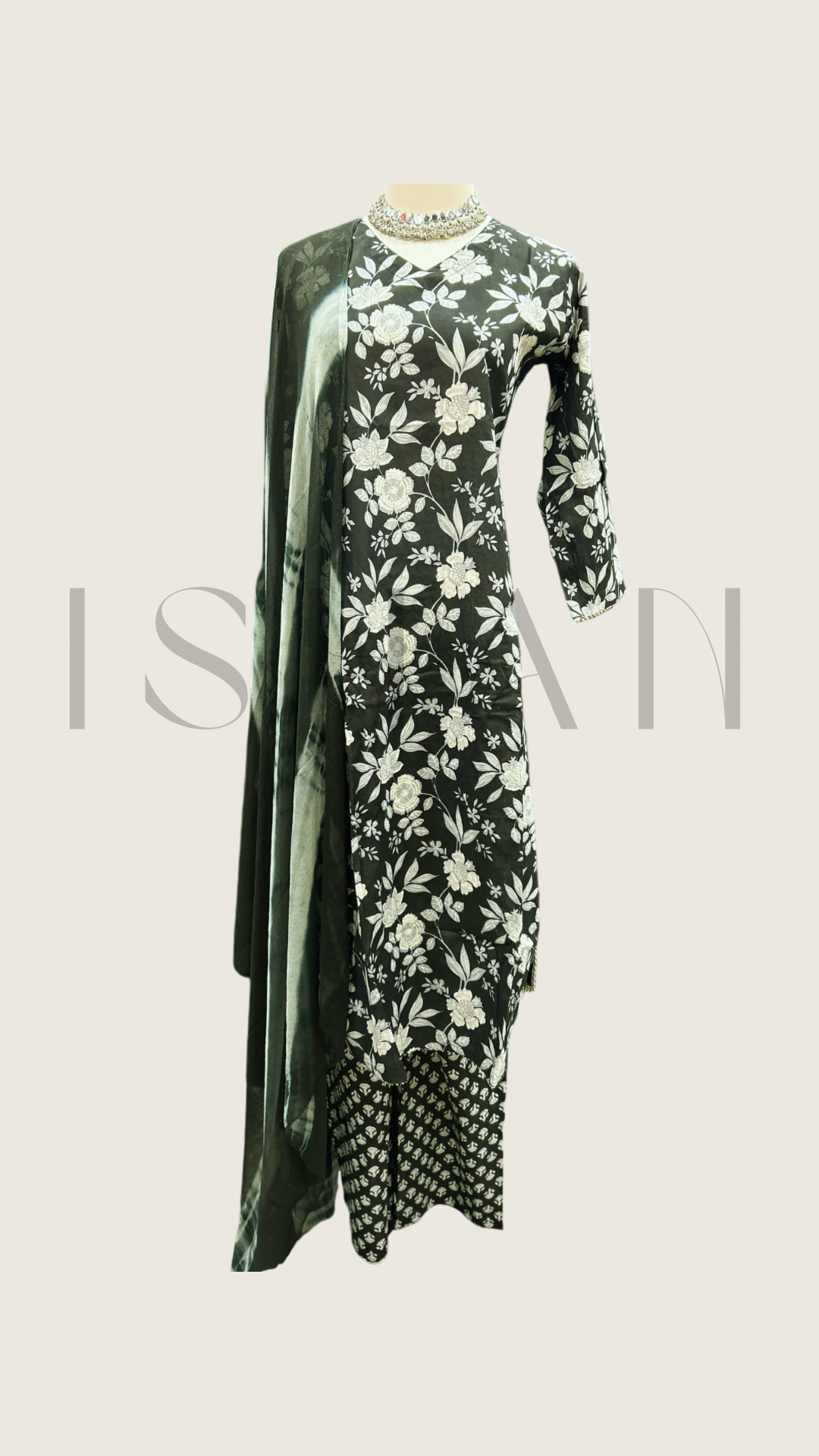 Black Floral Printed Cotton Full Suit