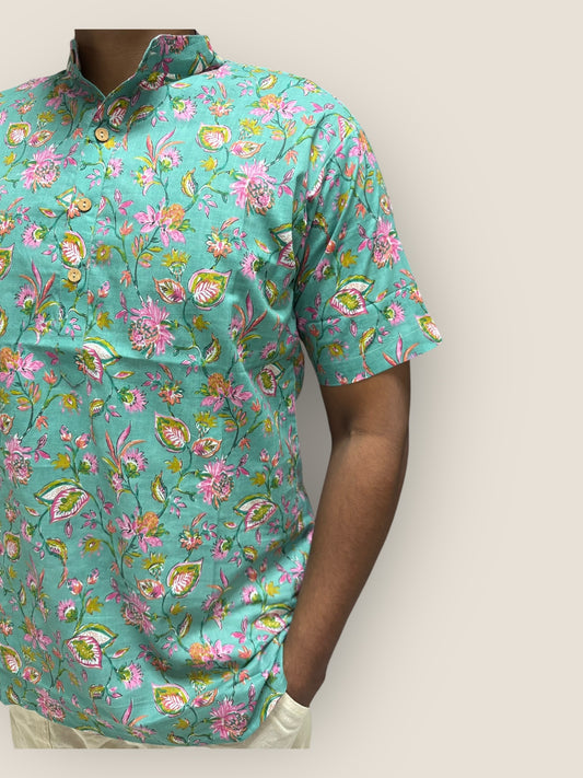 Turquoise Floral Cotton Kurta