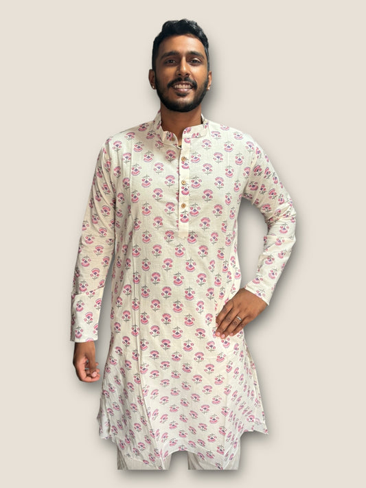 White Floral Cotton Long Kurta