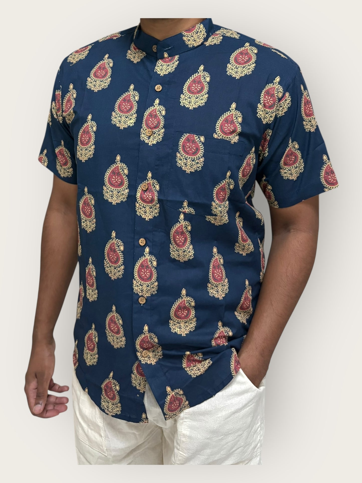Blue Mango Cotton Mandarin Collar Shirt