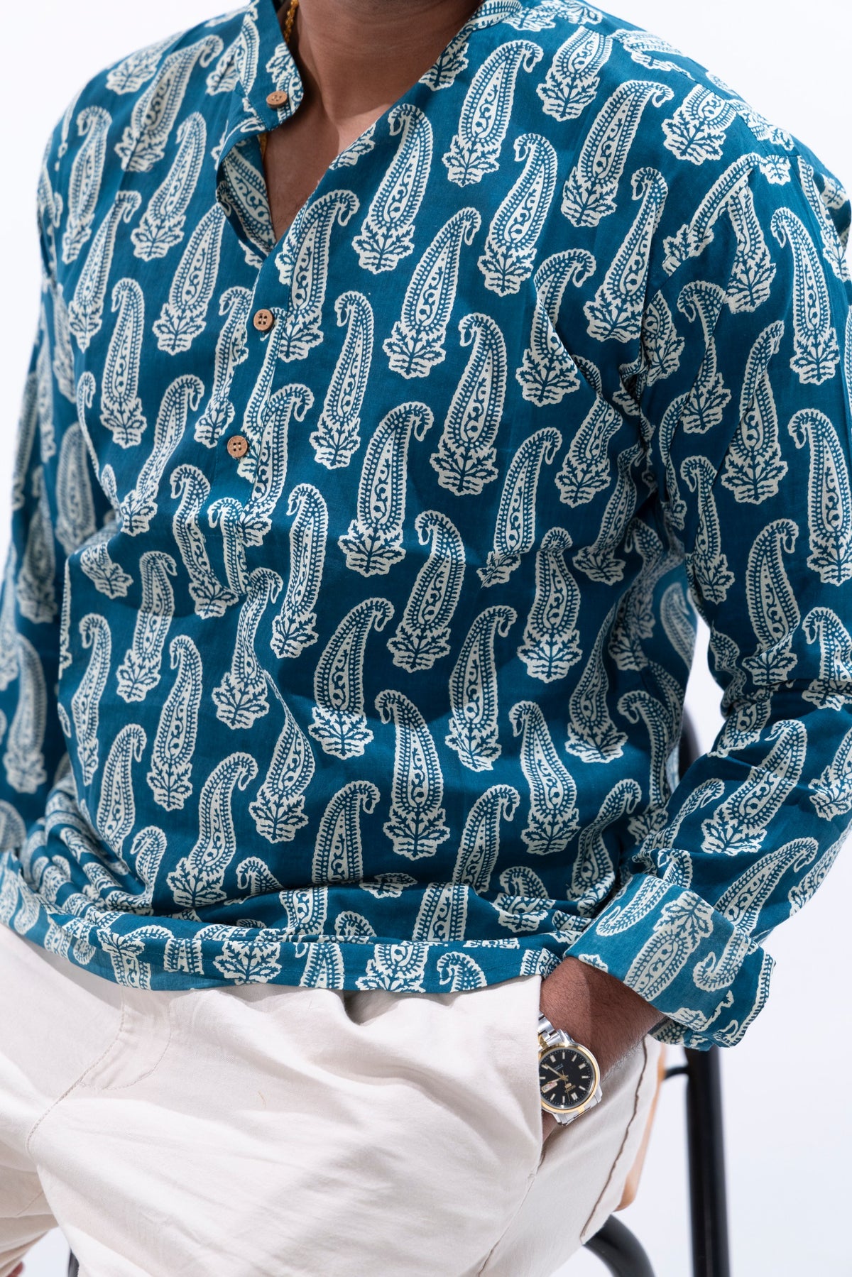 Deep Teal x Paisley Cotton Short Kurta
