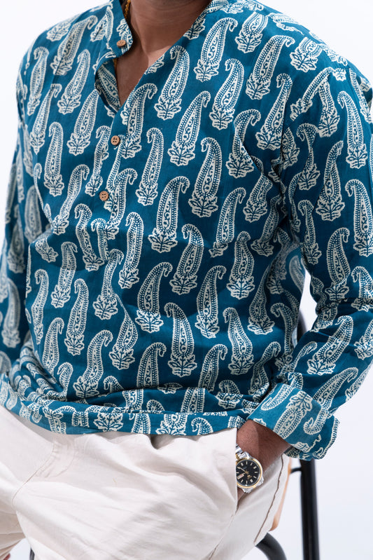 Deep Teal x Paisley Cotton Short Kurta