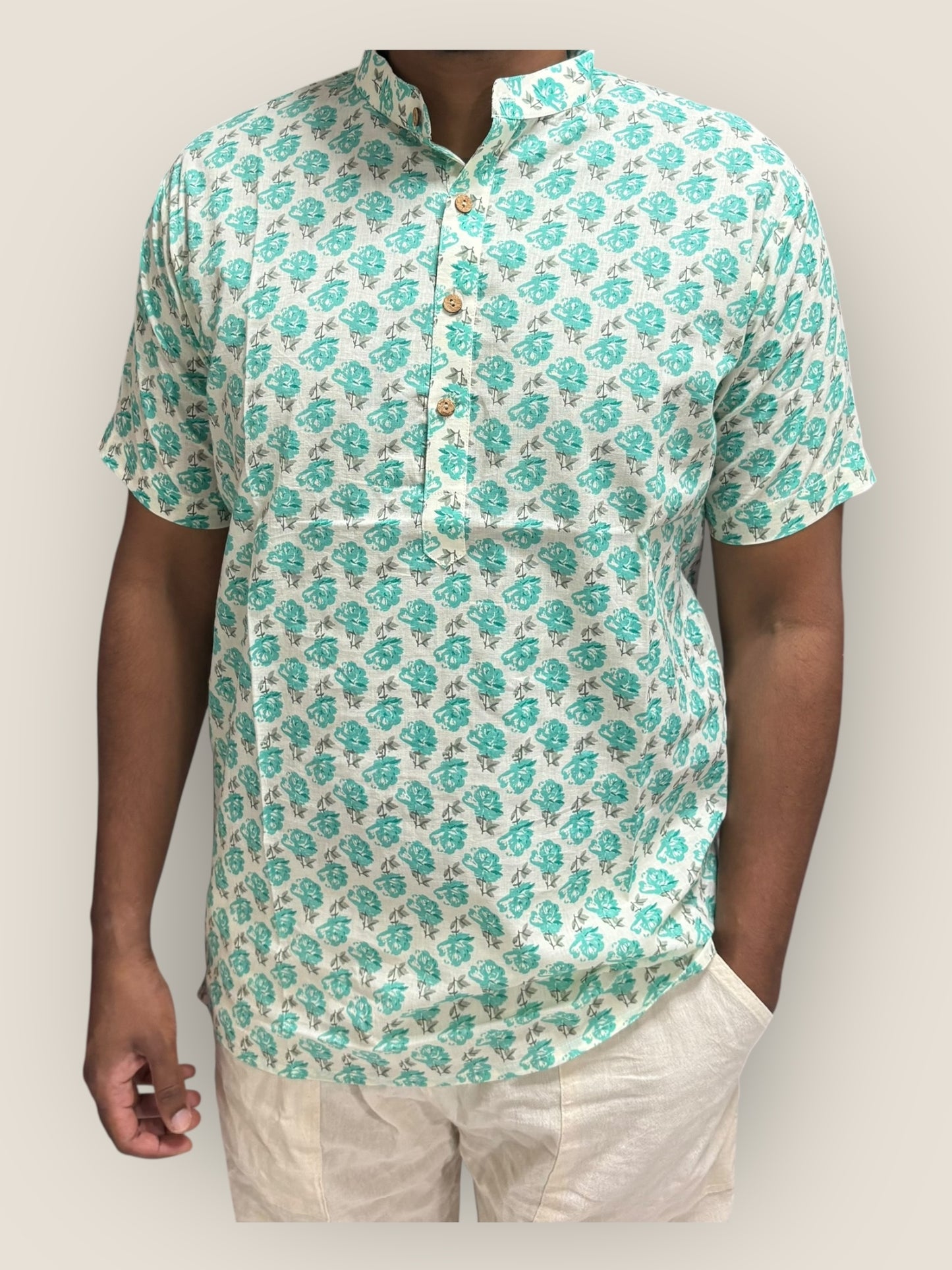 White & Blue Floral Cotton Kurta