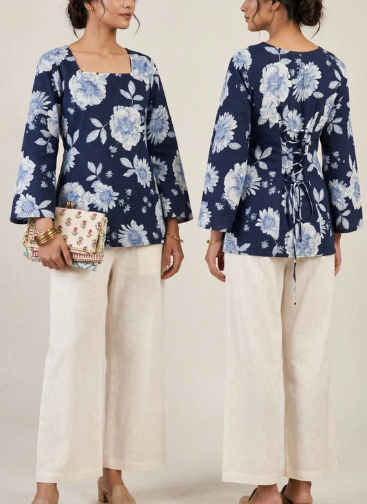 Blue Floral Cotton Corset Kurti