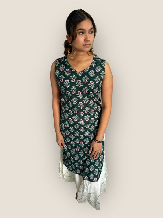 RETRO - Bottle Green Bow Back Long Kurti