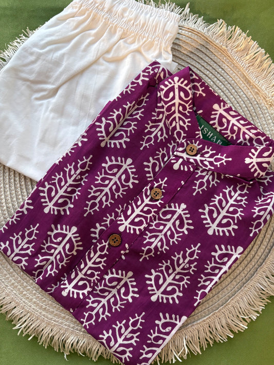 Purple short-sleeved Cotton Kurta Pant Set